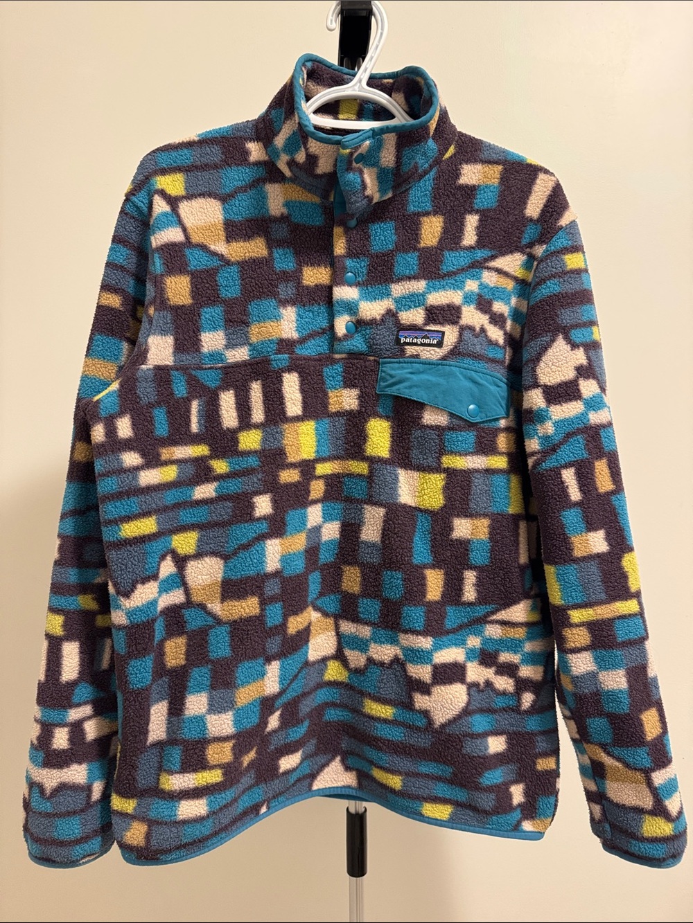 Patagonia Men's Teal, Navy & Cream Geo-Pattern Zip Fleece Pullover